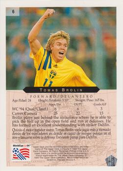 1994 Upper Deck Minute Maid World Cup #6 Tomas Brolin Back
