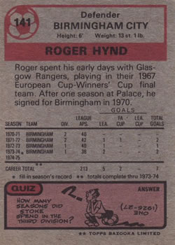 1975-76 Topps #141 Roger Hynd Back