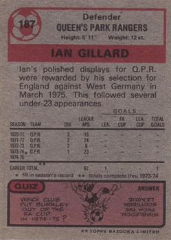 1975-76 Topps #187 Ian Gillard Back