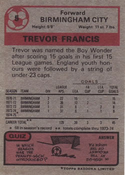 1975-76 Topps #5 Trevor Francis Back