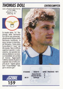 1992 Score Italian League #159 Thomas Doll Back