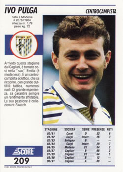 1992 Score Italian League #209 Ivo Pulga Back
