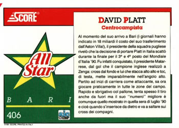 1992 Score Italian League #406 David Platt Back