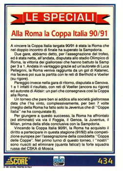 1992 Score Italian League #434 A.S. Roma Team Card (Alla Roma la Coppa Italia 90/91) Back