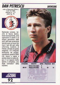 1992 Score Italian League #92 Dan Petrescu Back