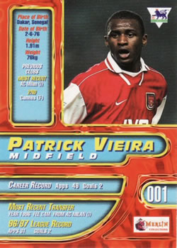 1997-98 Merlin Premier Gold #1 Patrick Vieira  Back