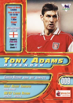 1997-98 Merlin Premier Gold #9 Tony Adams Back