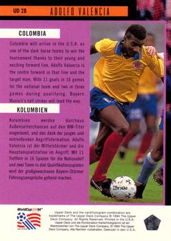 1994 Upper Deck World Cup Contenders English/German - UD Set #UD28 Adolfo Valencia Back