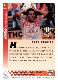 1994 Futera Australia NSL #63 Adam Ciantar Back