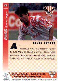 1994 Futera Australia NSL #78 Glenn Gwynne Back