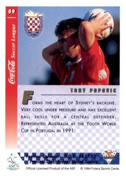 1994 Futera Australia NSL #89 Tony Popovic Back