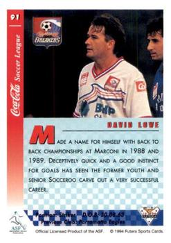 1994 Futera Australia NSL #91 David Lowe Back