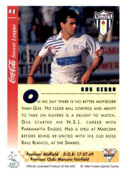 1994 Futera Australia NSL #92 Gus Cerro Back