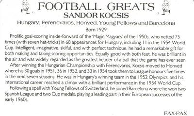 1986 Fax-Pax Football Greats #NNO Sandor Kocsis Back