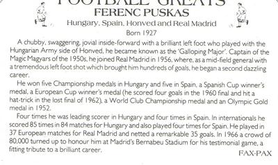 1986 Fax-Pax Football Greats #NNO Ferenc Puskas Back