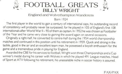 1986 Fax-Pax Football Greats #NNO Billy Wright Back