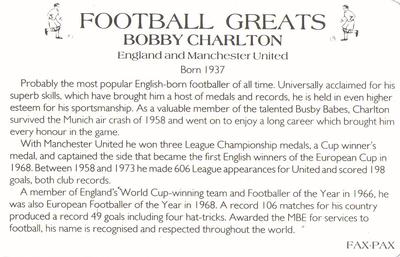 1986 Fax-Pax Football Greats #NNO Bobby Charlton Back