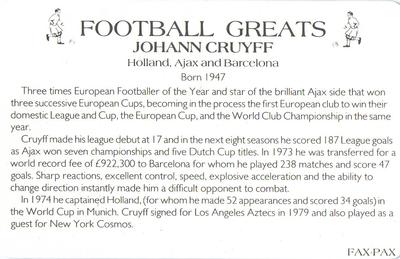 1986 Fax-Pax Football Greats #NNO Johan Cruyff Back