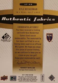 2011 SP Game Used - Authentic Fabrics Premium Series #AFKB Kyle Beckerman Back