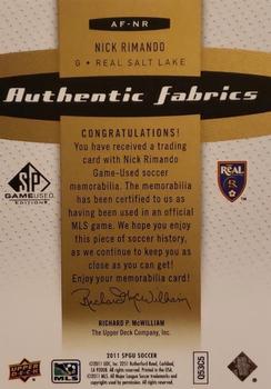 2011 SP Game Used - Authentic Fabrics Premium Series #AFNR Nick Rimando Back