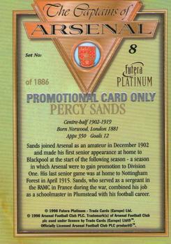 1998 Futera Platinum The Captains of Arsenal - Promotional Card Set #8 Percy Sands Back