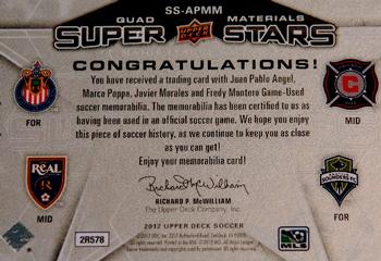 2012 Upper Deck MLS - Super Stars Quad Materials #SS-APMM Fredy Montero / Javier Morales / Juan Pablo Angel / Marco Pappa Back
