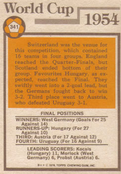 1978-79 Topps #341 World Cup - 1954 Back