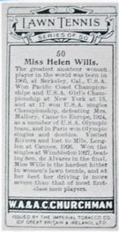 1928 Churchman's Lawn Tennis #50 Helen Wills Back