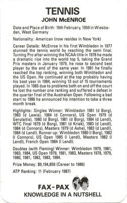 1987 Fax-Pax #NNO John McEnroe Back