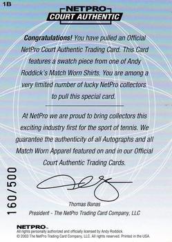 2003 NetPro International Series - Court Authentic Series B #1B Andy Roddick Back