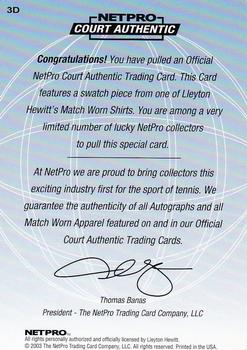 2003 NetPro International Series - Court Authentic Series D #3D Lleyton Hewitt Back