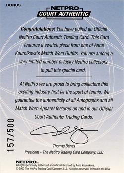 2003 NetPro International Series - Court Authentic Bonus #Bonus Anna Kournikova Back