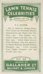 1928 Gallaher's Lawn Tennis Celebrities #32 Frank Hunter Back