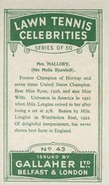 1928 Gallaher's Lawn Tennis Celebrities #43 Molla Mallory Back