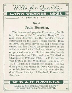 1931 Wills's Lawn Tennis #4 Jean Borotra Back