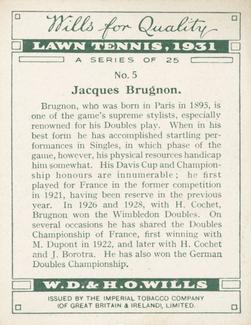 1931 Wills's Lawn Tennis #5 Jacques Brugnon Back