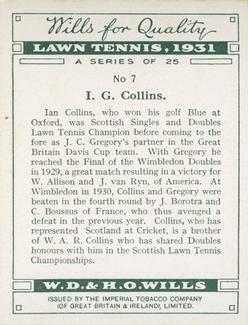 1931 Wills's Lawn Tennis #7 I. G. Collins Back