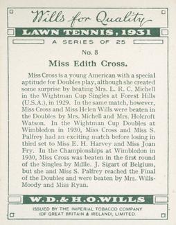 1931 Wills's Lawn Tennis #8 Miss Edith Cross Back