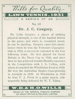 1931 Wills's Lawn Tennis #10 Colin Gregory Back