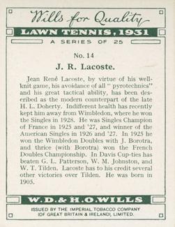 1931 Wills's Lawn Tennis #14 Jene Rene Lacoste Back