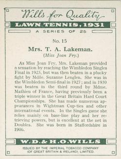 1931 Wills's Lawn Tennis #15 Mrs. T. A. Lakeman Back