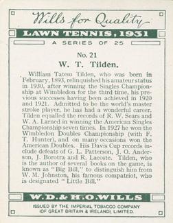 1931 Wills's Lawn Tennis #21 William T. Tilden Back
