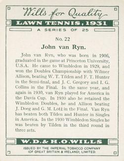 1931 Wills's Lawn Tennis #22 John Van Ryn Back
