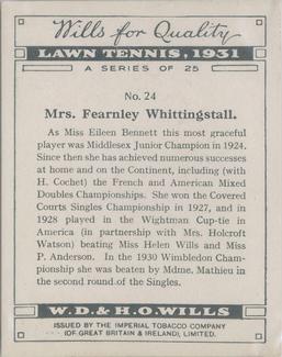 1931 Wills's Lawn Tennis #24 Mrs. Fearnley Whittingstall Back