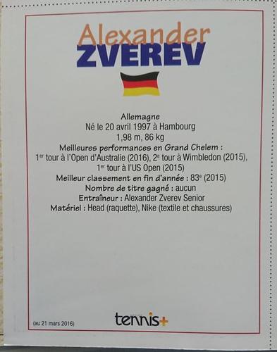 2016 Tennis+ Magazine #NNO Alexander Zverev Back