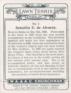 1928 Churchman's Lawn Tennis (Large) #1 Elia De Alvarez Back