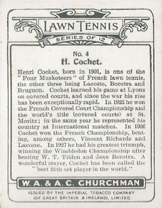 1928 Churchman's Lawn Tennis (Large) #4 Henri Cochet Back