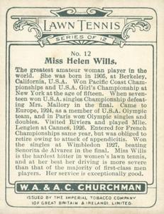 1928 Churchman's Lawn Tennis (Large) #12 Helen Wills Back