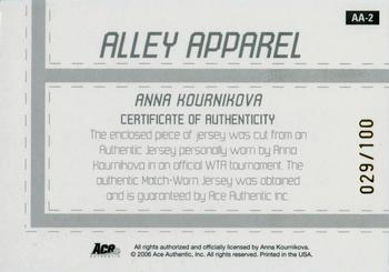2006 Ace Authentic Grand Slam - Alley Apparel #AA-2 Anna Kournikova Back