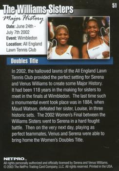 2003 NetPro #51 Serena Williams / Venus Williams Back